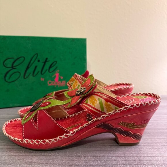 Elite By Corkys Womens Red Floral Leather Wedge Sandals Size 9 NIB - Picture 4 of 9